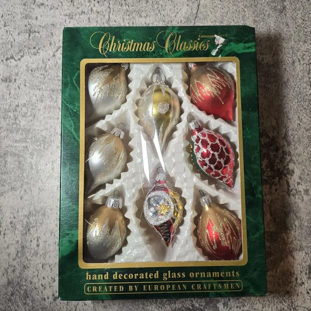 Vintage Glitter Mercury Glass Christmas Ornaments Europe Teardrop Tree Set Of 7